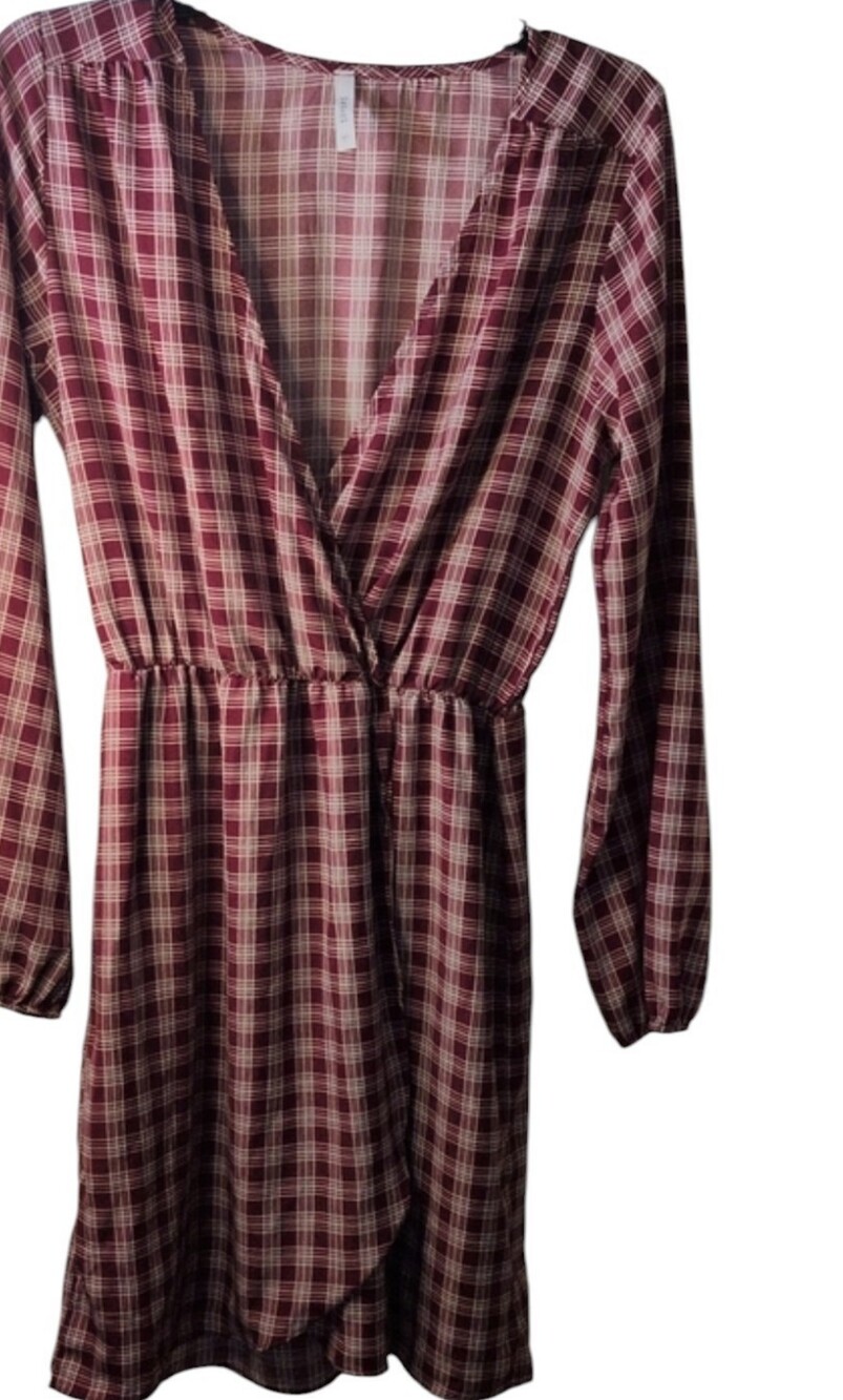 Interi, Women’s Burgundy Plaid Mock Wrap Dress, Size L